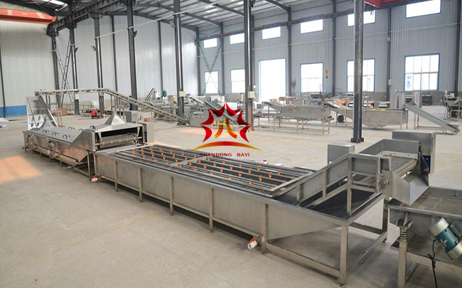 What is the aim of blanching process for fruit and vegetable vacuum frying production?